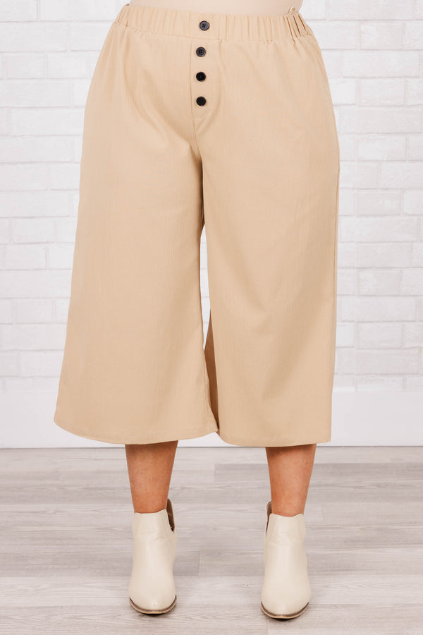 Chic Soul plus size clothing, mocha colored flare style pants with a elastic waistband with button detail
