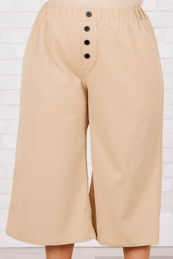 Chic Soul plus size clothing, mocha colored flare style pants with a elastic waistband with button detail
