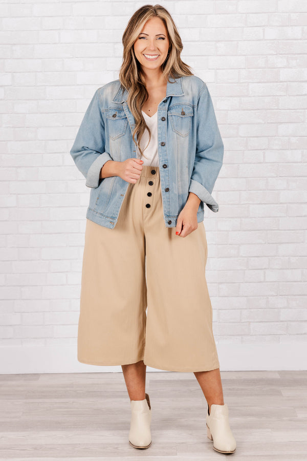 Chic Soul plus size clothing, mocha colored flare style pants with a elastic waistband with button detail