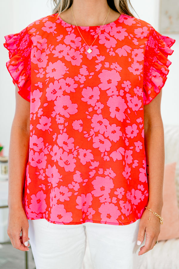 Chic Soul plus size clothing, short sleeve red-fuchsia ruffled top with floral pattern