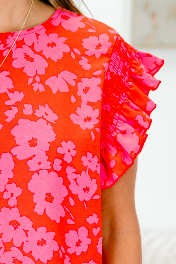 Chic Soul plus size clothing, short sleeve red-fuchsia ruffled top with floral pattern