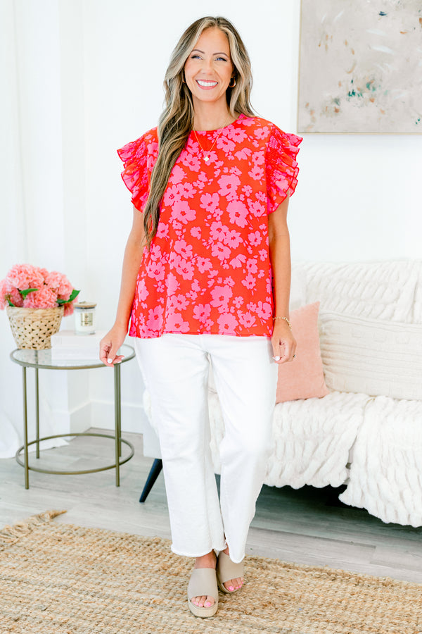 Chic Soul plus size clothing, short sleeve red-fuchsia ruffled top with floral pattern