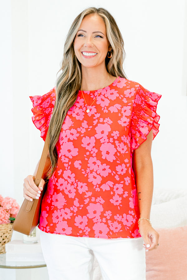 Chic Soul plus size clothing, short sleeve red-fuchsia ruffled top with floral pattern