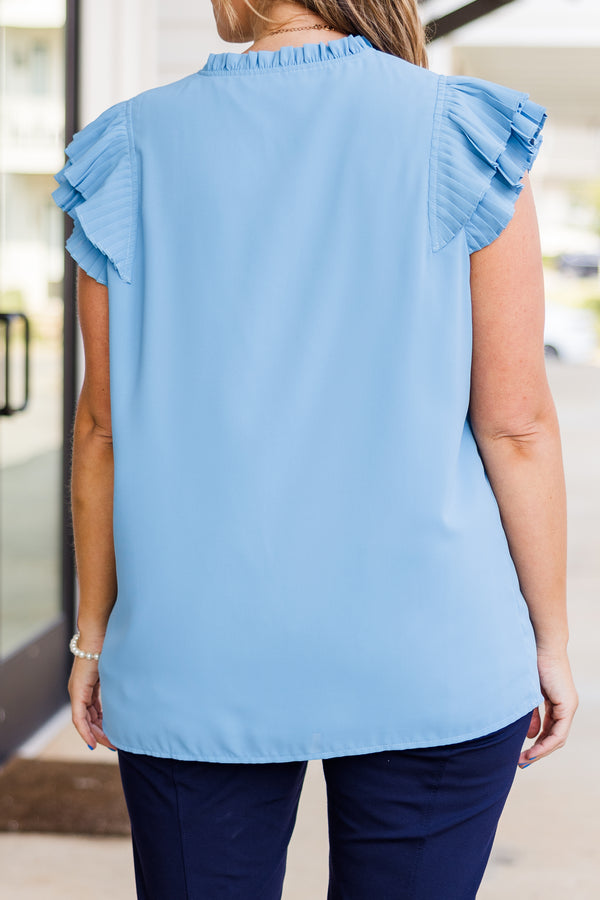 Chic Soul plus size clothing, blue short sleeve top with button up top with ribbed ruffle flutter sleeves