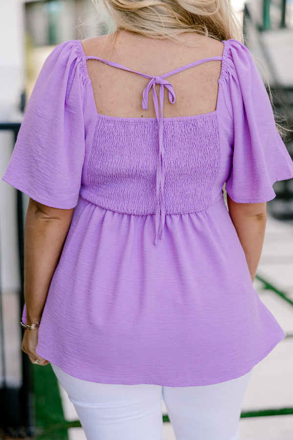 Chic Soul plus size clothing, purple flutter sleeve baby doll top with a deep structured v cutout 