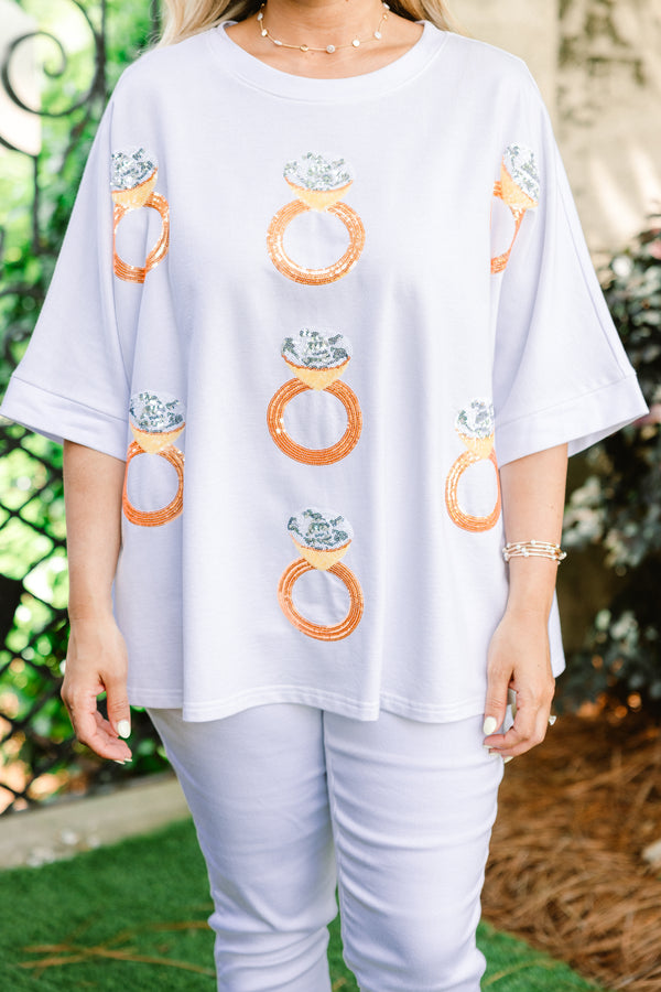 Chic Soul plus size clothing, white short sleeve novelty tee with seven sequin rose gold rings on the front