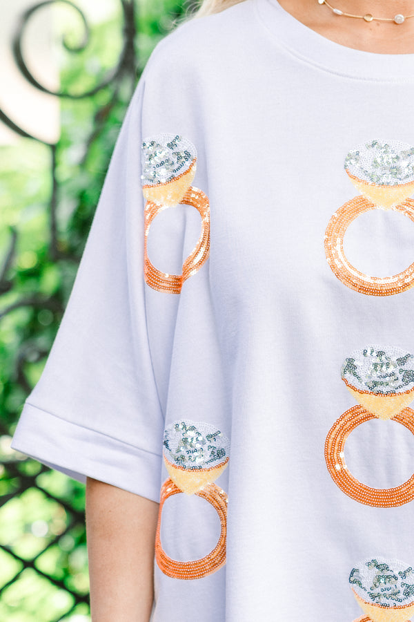 Chic Soul plus size clothing, white short sleeve novelty tee with seven sequin rose gold rings on the front