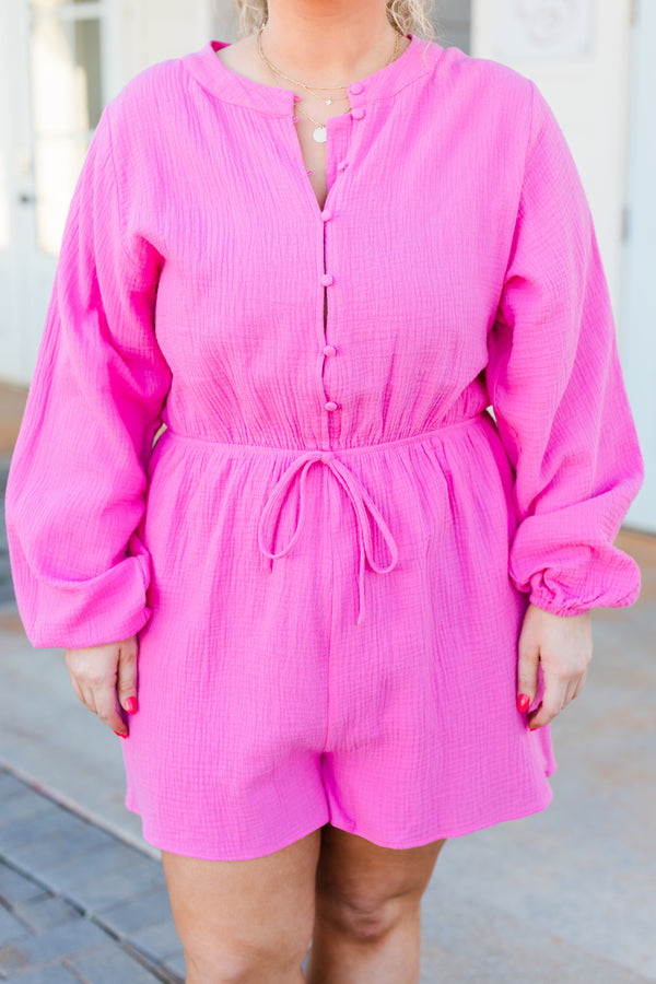 Plus Size hot pink textured cotton romper with bubble sleeves, button front, and drawstring waist.