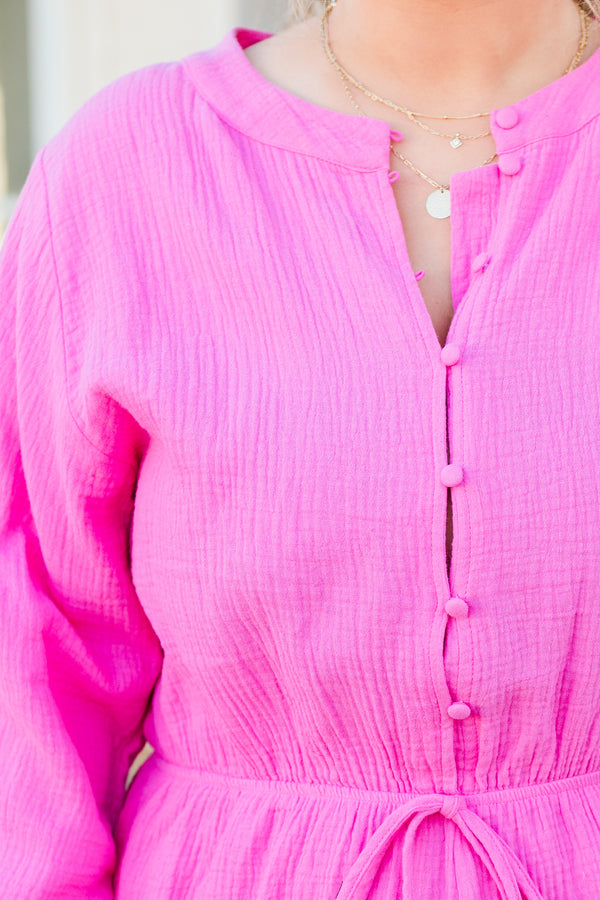 Plus Size hot pink textured cotton romper with bubble sleeves, button front, and drawstring waist.