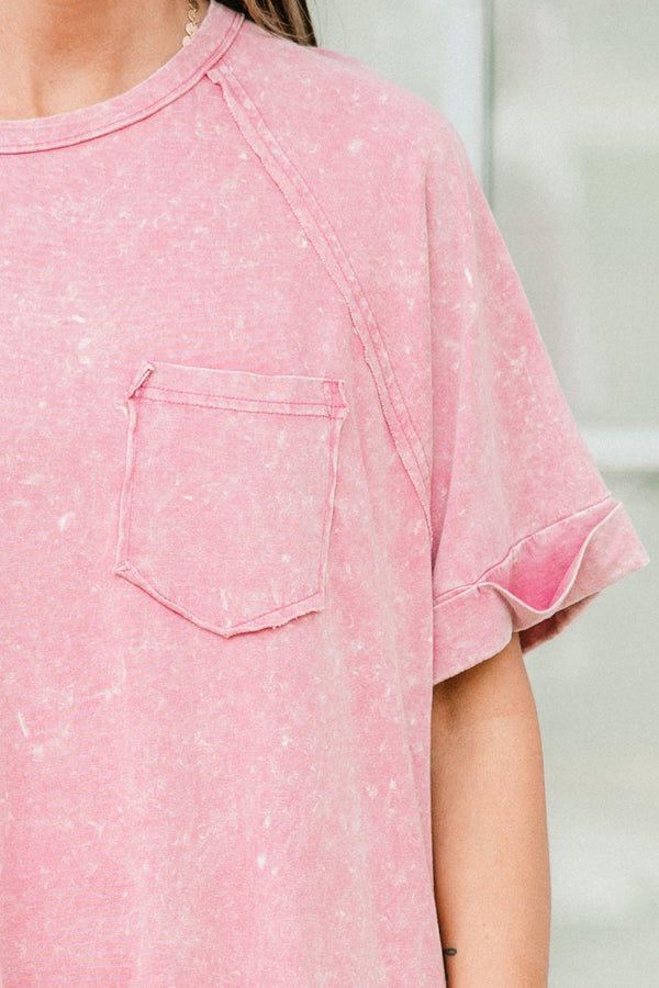 Chic Soul plus size clothing, short-sleeve mauve pink mineral wash t-shirt dress with a scoop-neckline and a pocket on the bodice
