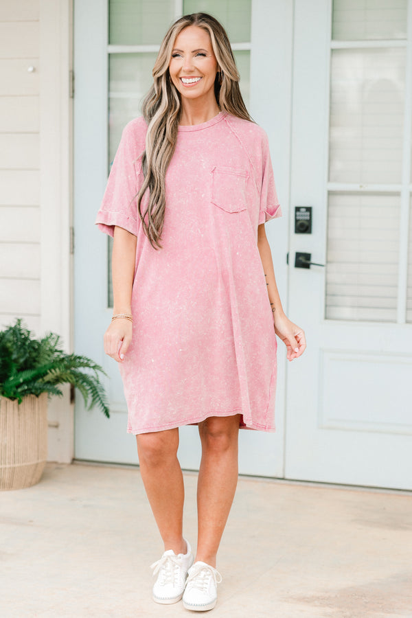 Chic Soul plus size clothing, short-sleeve mauve pink mineral wash t-shirt dress with a scoop-neckline and a pocket on the bodice