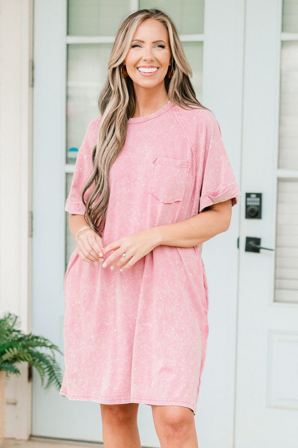 Chic Soul plus size clothing, short-sleeve mauve pink mineral wash t-shirt dress with a scoop-neckline and a pocket on the bodice