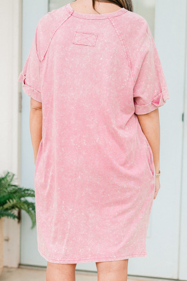 Chic Soul plus size clothing, short-sleeve mauve pink mineral wash t-shirt dress with a scoop-neckline and a pocket on the bodice