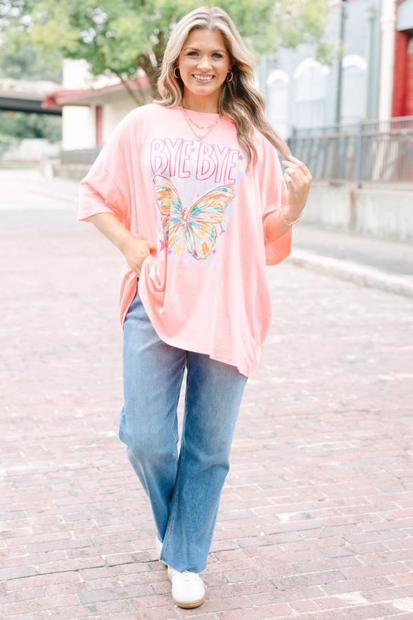 Plus Size neon coral pink boyfriend tee with a butterfly graphic and 