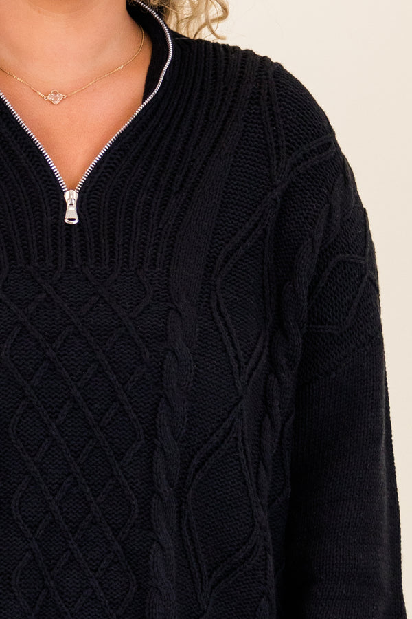 Chic Soul plus size clothing, black long sleeve cable knit zip up sweater with silver zipper and cuff sleeves