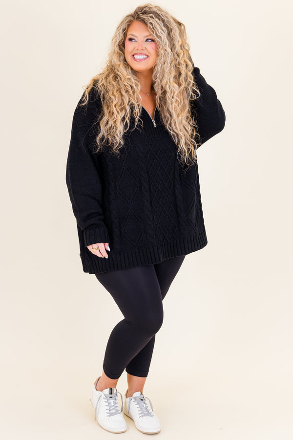 Chic Soul plus size clothing, black long sleeve cable knit zip up sweater with silver zipper and cuff sleeves