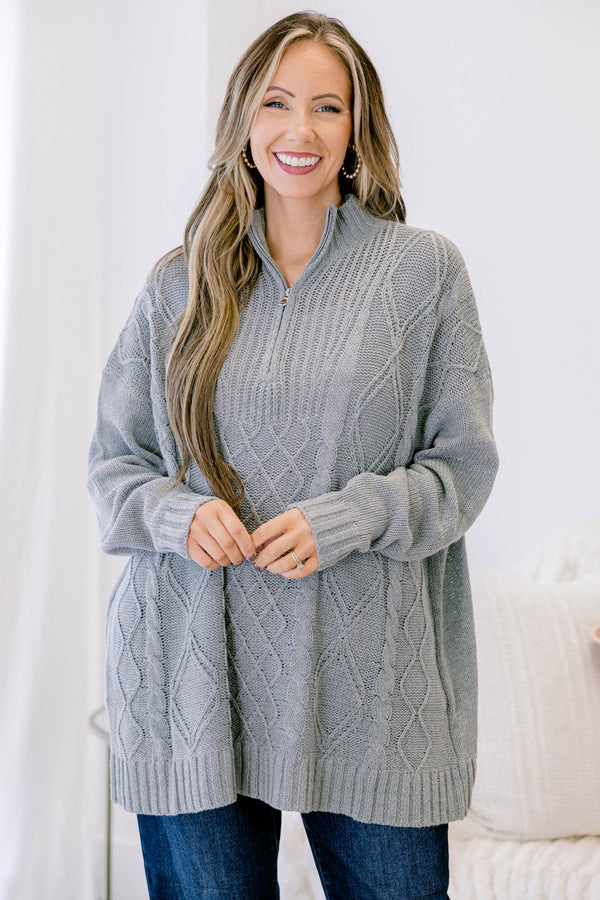 Chic Soul plus size clothing, cable knit grey chunky pullover sweater with silver zip up detail with collar and cuff sleeves
