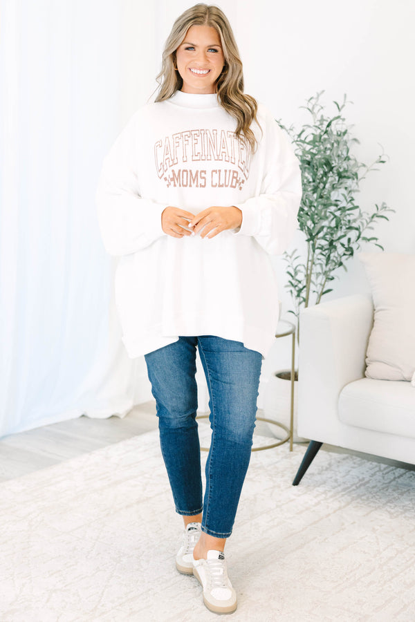 Ivory Caffeinated Moms Club mock neck pullover with a relaxed, flowy fit