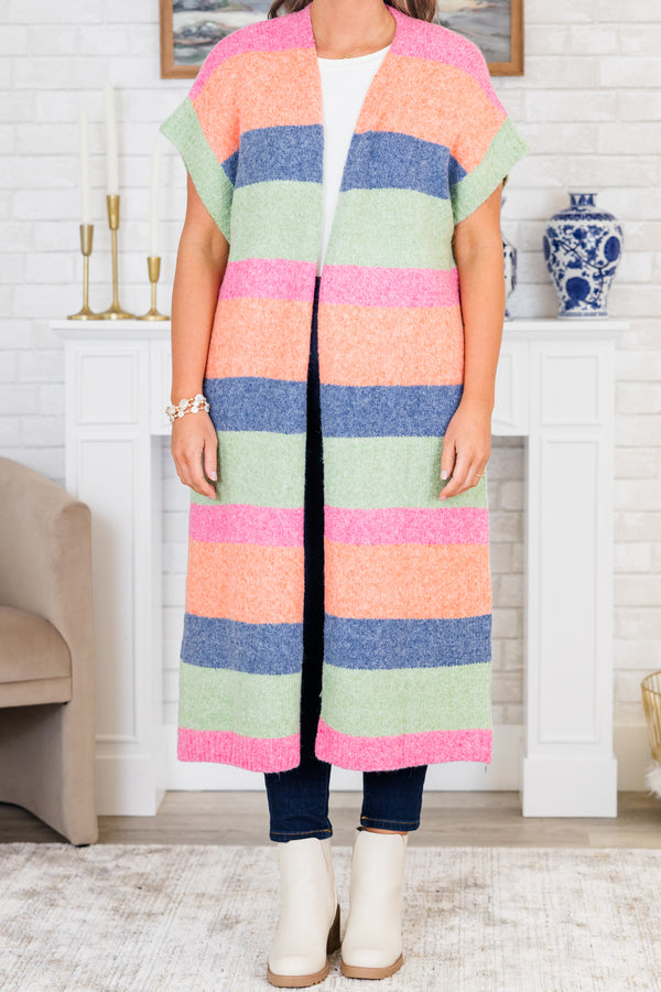 Chic Soul plus size clothing, short-sleeve multi-colored midi length cardigan with a striped pattern detail
