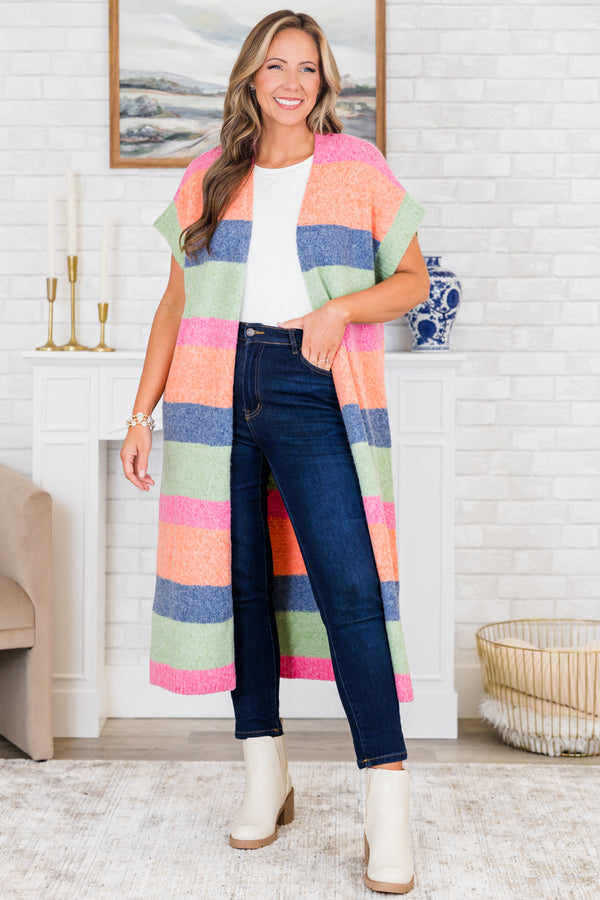 Chic Soul plus size clothing, short-sleeve multi-colored midi length cardigan with a striped pattern detail