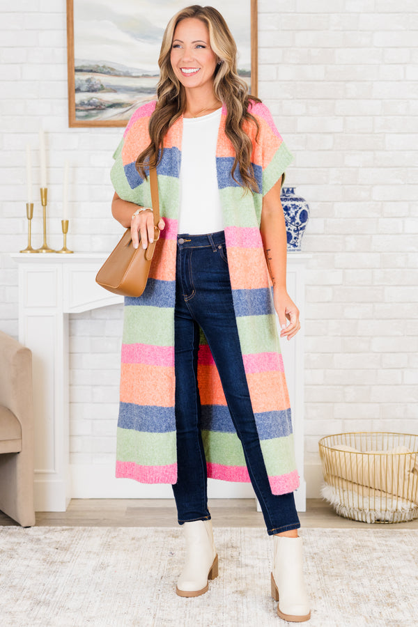 Chic Soul plus size clothing, short-sleeve multi-colored midi length cardigan with a striped pattern detail