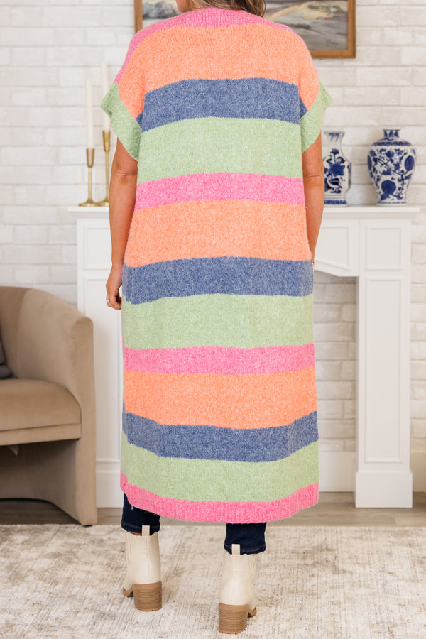 Chic Soul plus size clothing, short-sleeve multi-colored midi length cardigan with a striped pattern detail
