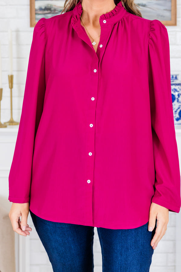 Chic Soul plus size clothing, long-sleeve magenta pink buttoned blouse with ruffled high-neckline