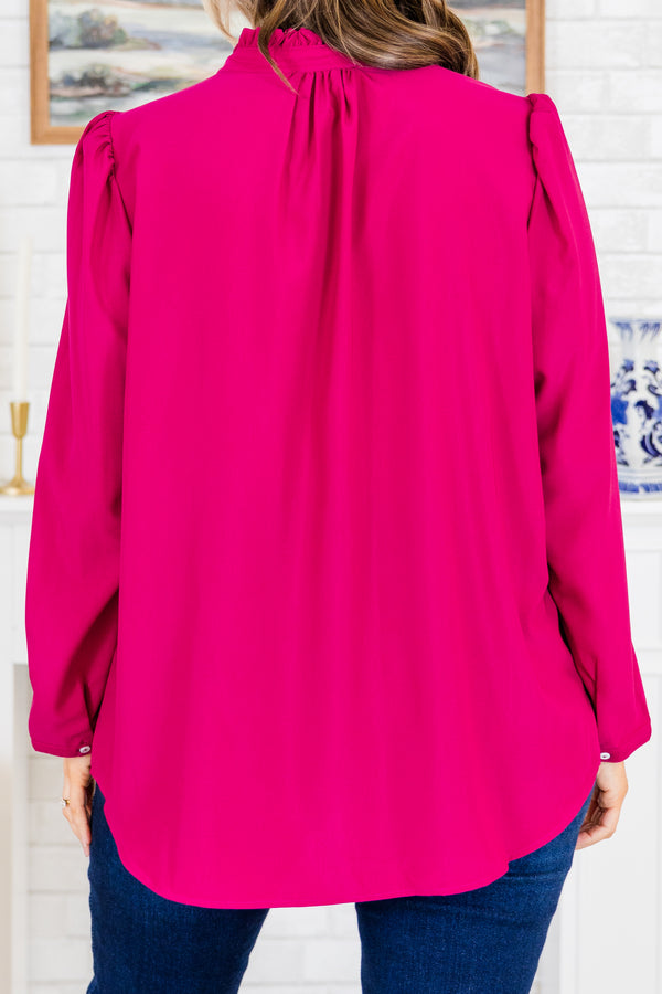 Chic Soul plus size clothing, long-sleeve magenta pink buttoned blouse with ruffled high-neckline