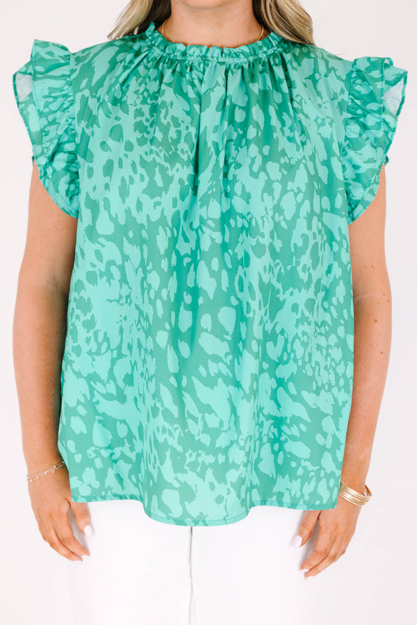 Chic Soul plus size clothing, green abstract print flutter short sleeve top