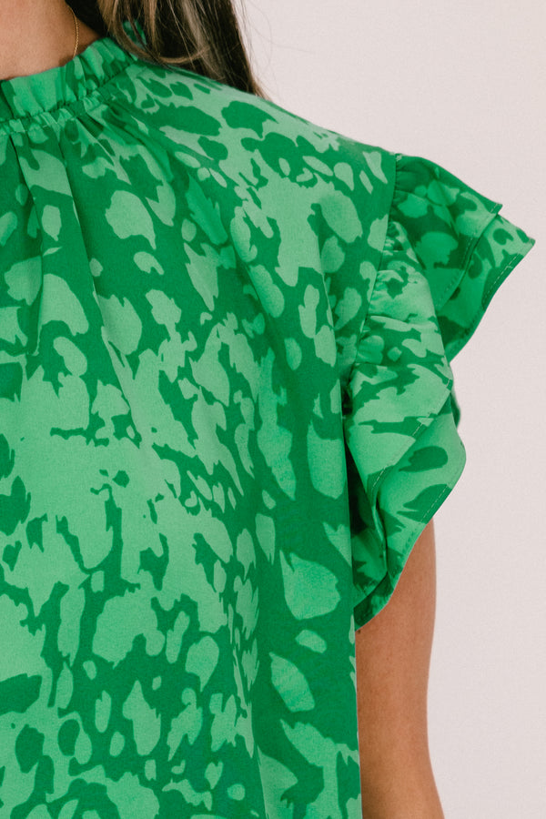 Chic Soul plus size clothing, green abstract print flutter short sleeve top