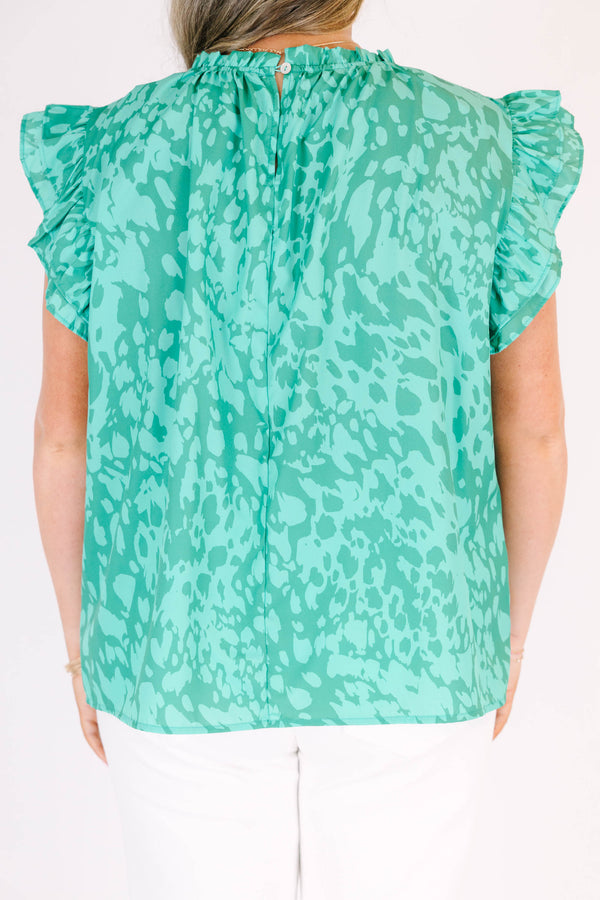 Chic Soul plus size clothing, green abstract print flutter short sleeve top
