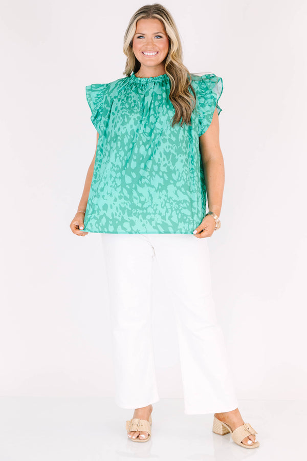 Chic Soul plus size clothing, green abstract print flutter short sleeve top
