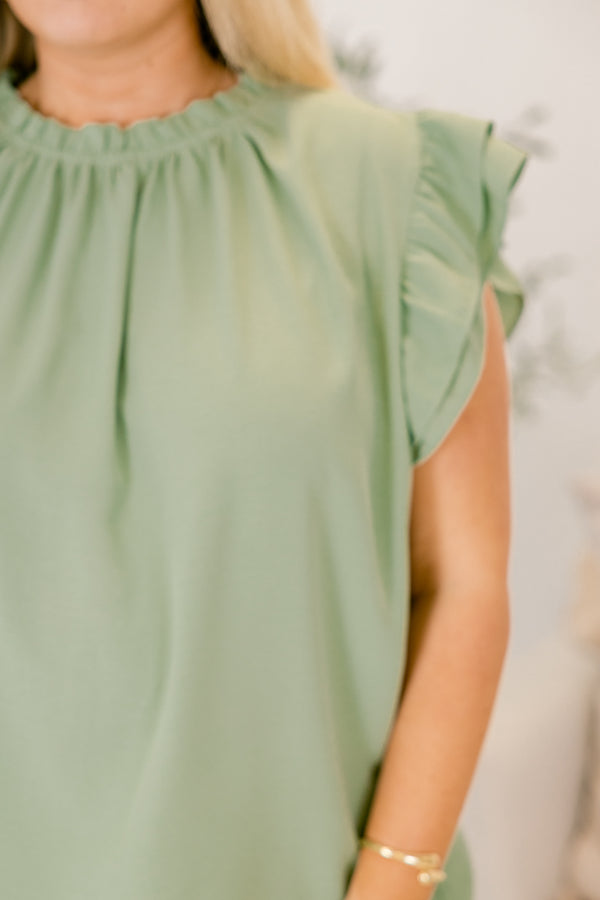 Chic Soul plus size clothing, light green top with flutter sleeves and ruffle detailing on the collar 
