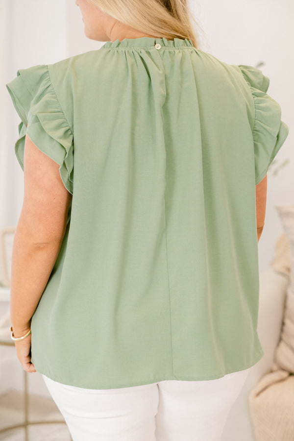 Chic Soul plus size clothing, light green top with flutter sleeves and ruffle detailing on the collar 