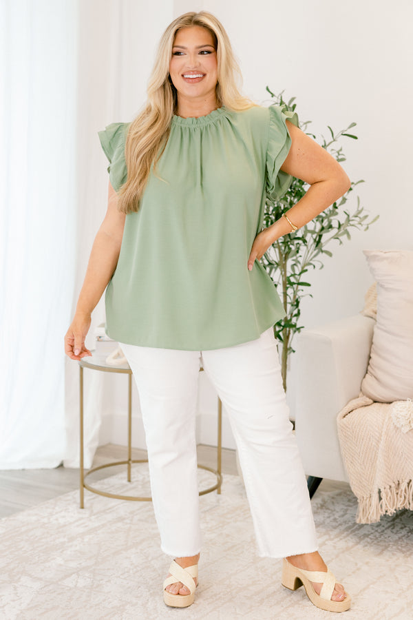 Chic Soul plus size clothing, light green top with flutter sleeves and ruffle detailing on the collar 