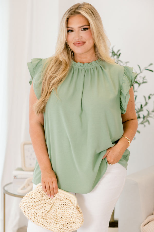 Chic Soul plus size clothing, light green top with flutter sleeves and ruffle detailing on the collar 