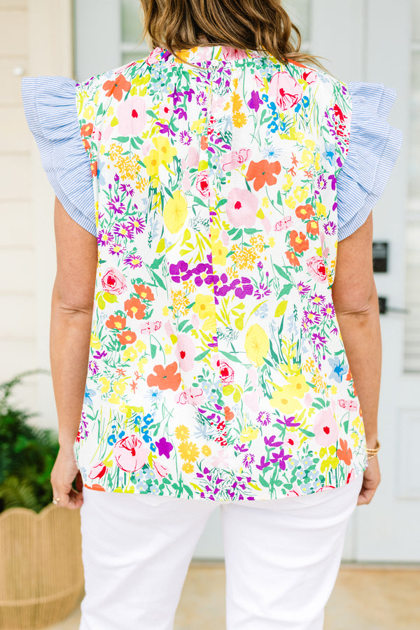 Chic Soul plus size clothing, short-flutter-sleeve multi-colored floral top with a ruffled mock neck and a multi-colored floral pattern with navy blue color-block sleeves 