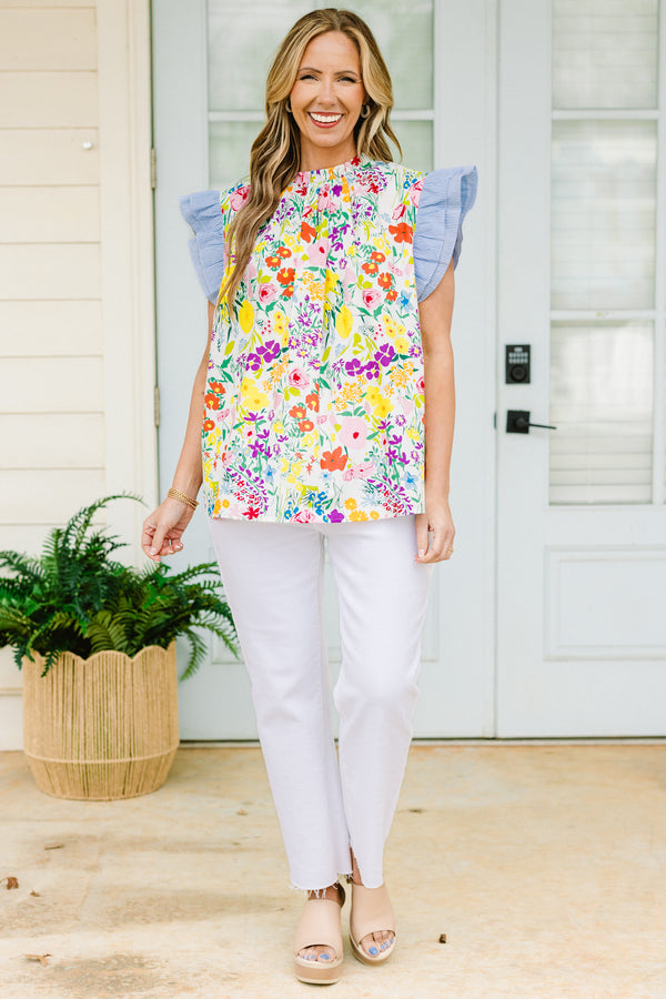 Chic Soul plus size clothing, short-flutter-sleeve multi-colored floral top with a ruffled mock neck and a multi-colored floral pattern with navy blue color-block sleeves 