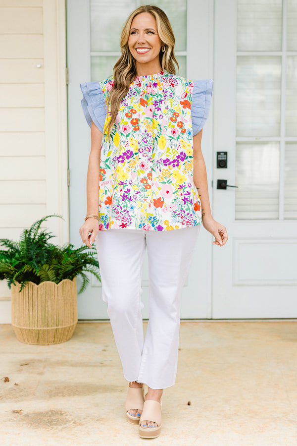 Chic Soul plus size clothing, short-flutter-sleeve multi-colored floral top with a ruffled mock neck and a multi-colored floral pattern with navy blue color-block sleeves 