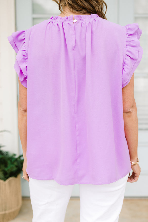 chic soul plus size clothing, silk purple shirt with flutter sleeves 