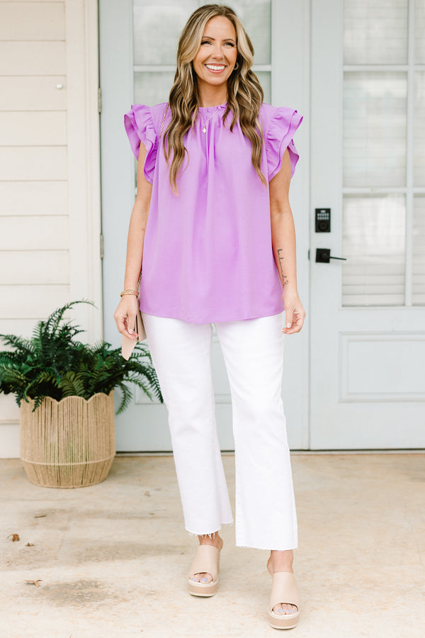 chic soul plus size clothing, silk purple shirt with flutter sleeves 