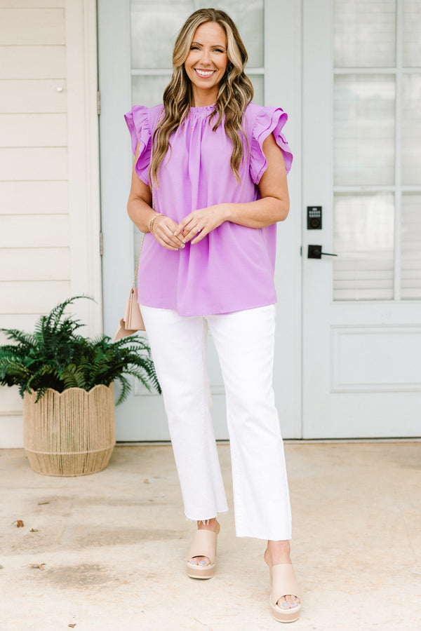 chic soul plus size clothing, silk purple shirt with flutter sleeves 