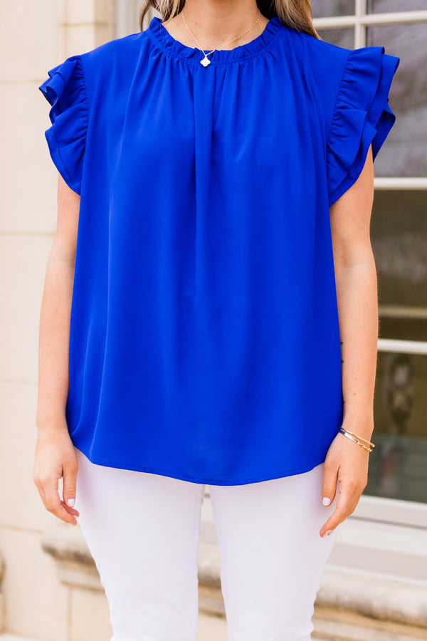Chic Soul plus size clothing, royal blue flowy top with ruffle sleeves
