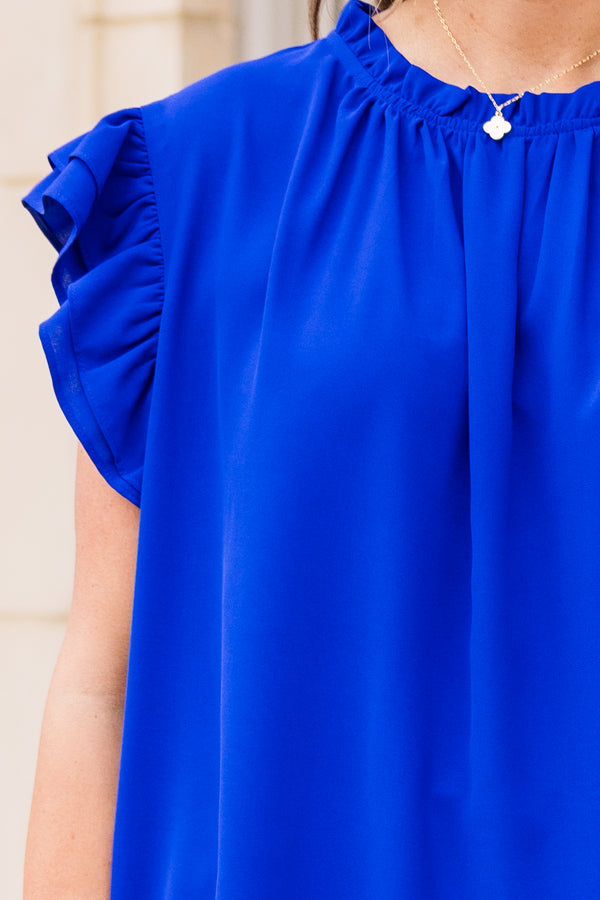 Chic Soul plus size clothing, royal blue flowy top with ruffle sleeves