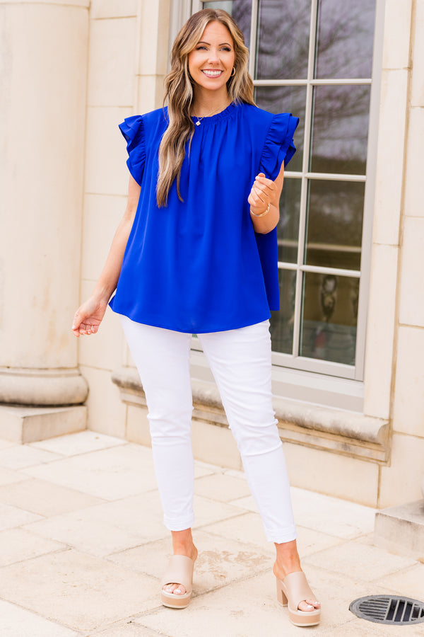 Chic Soul plus size clothing, royal blue flowy top with ruffle sleeves