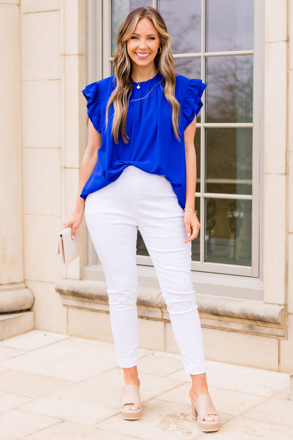 Chic Soul plus size clothing, royal blue flowy top with ruffle sleeves