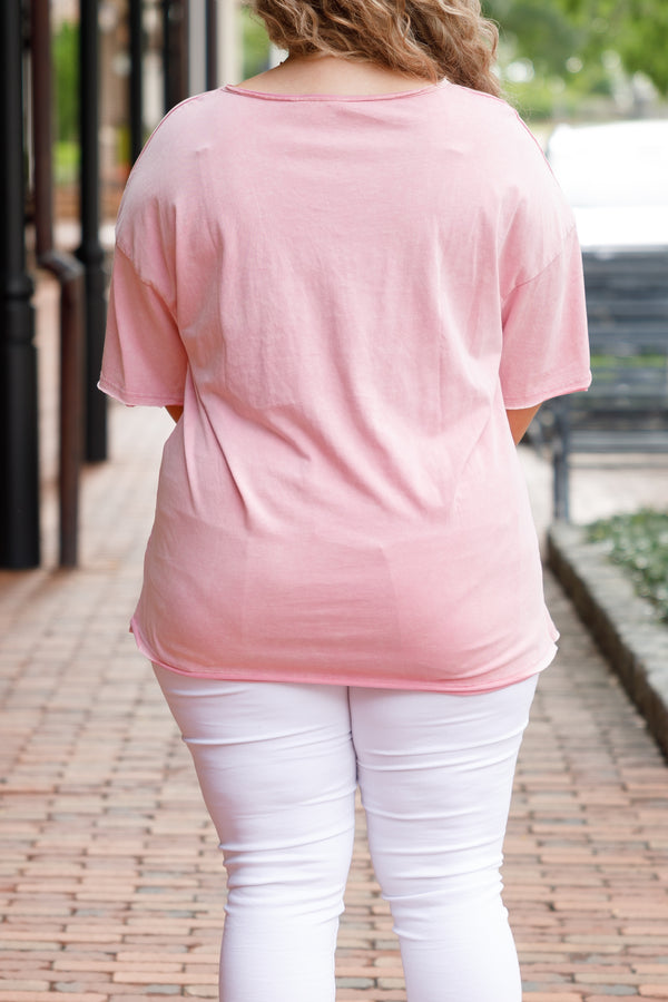 Chic Soul plus size clothing, pink short sleeves v neck top with a front pocket