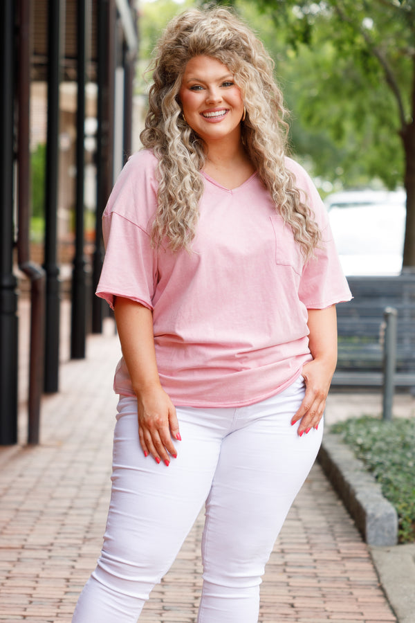 Chic Soul plus size clothing, pink short sleeves v neck top with a front pocket