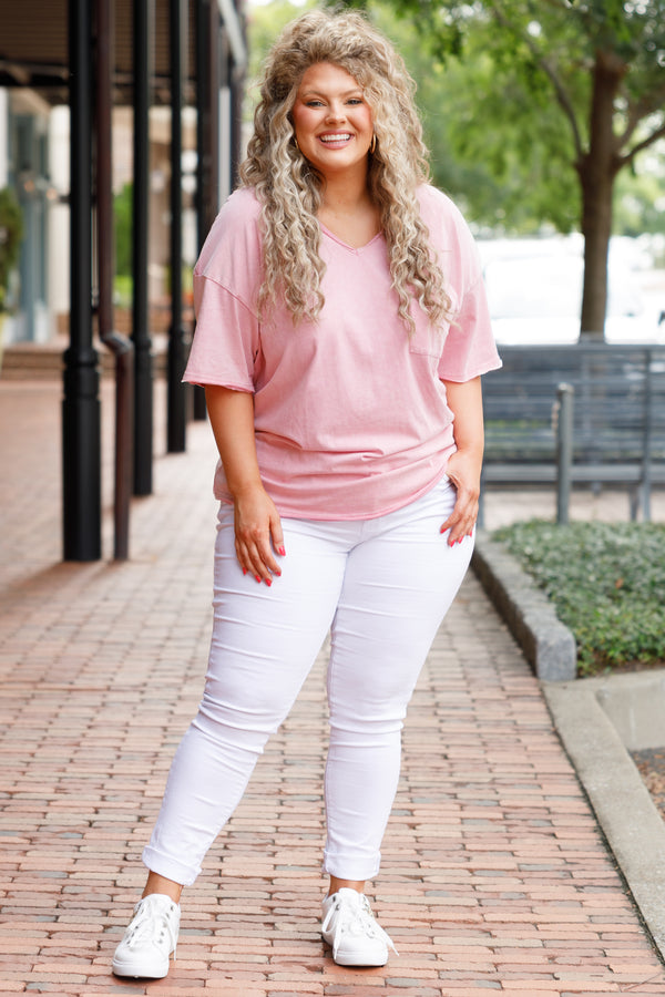 Chic Soul plus size clothing, pink short sleeves v neck top with a front pocket
