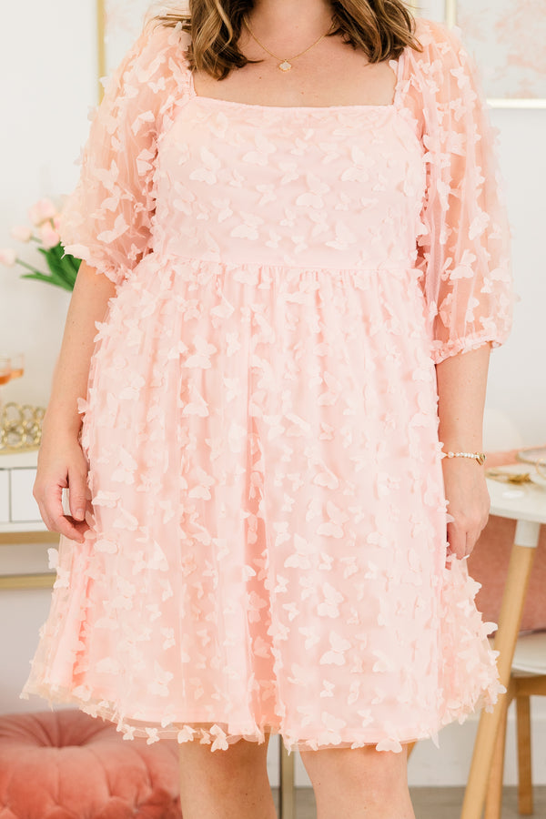 Chic Soul plus size clothing, short-puffed-sleeve pink baby doll dress with tulle and pink textured floral design